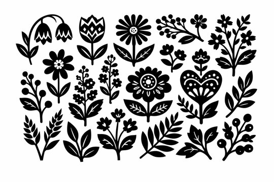 Scandinavian Folk Art Botanical Vector Illustration Set: Black and White Linocut Wildflowers, Nordic Floral Elements, Leaves, Berries, and Heart Silhouettes for Pattern Design and Crafting.