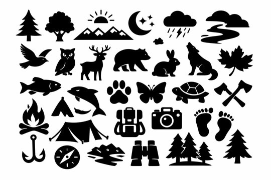 Nature and Outdoor Icon Collection Featuring Wildlife Animals, Forest Trees, Camping Gear, Weather Symbols, and Hiking Equipment in Black Silhouette Style for Adventure and Exploration Design