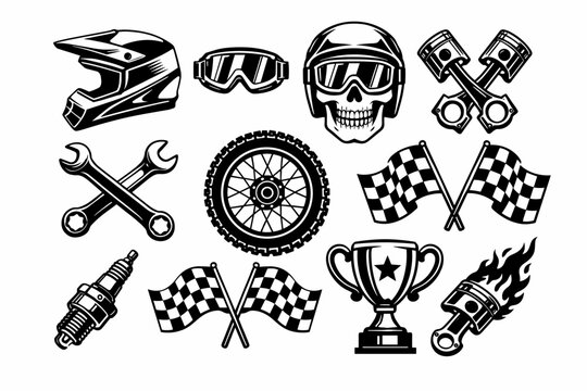 Motocross Racing Tattoo Flash Set with Skull in Helmet, Goggles, Crossed Pistons, Wrenches, Motorcycle Wheel, Checkered Flags, Trophy, Spark Plug, and Flaming Piston Vector Illustration.