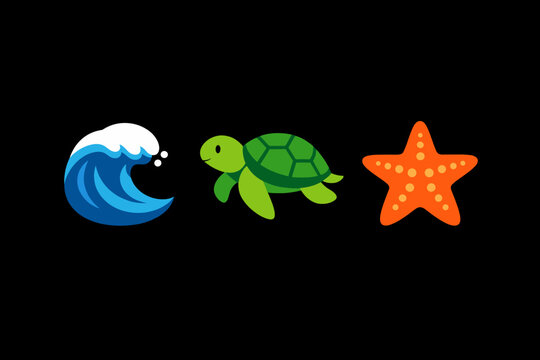 Set of three vibrant marine-themed icons including a stylized blue ocean wave, a cute green sea turtle, and a bright orange starfish isolated on a black background for graphic design and web use.