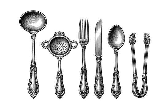 Vintage Silverware Collection in Monochrome Woodcut Style Featuring Ladle, Tea Strainer, Fork, Knife, Spoon, and Sugar Tongs. Elegant Ornate Cutlery Set Illustration for Kitchen and Dining Decor.