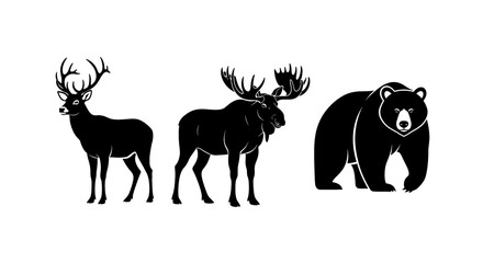 Fototapeta premium Silhouettes of majestic wild animals: deer, moose, and bear, standing together against a white background.