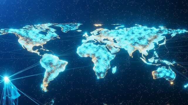 Digital world map with network connections for culinary showcases and restaurant branding