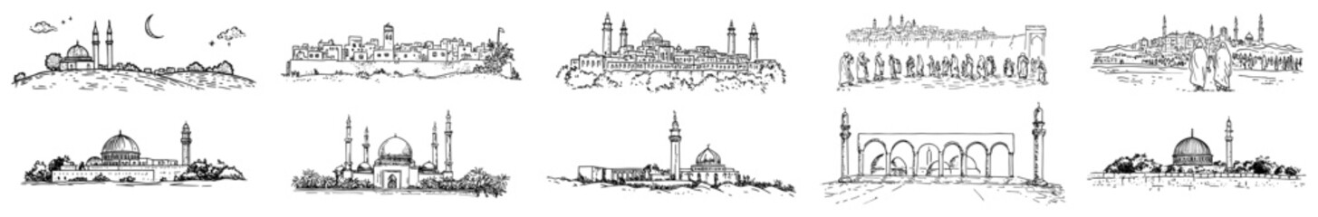 Islamic architecture sketch collection, hand drawn oriental city skylines with mosques, minarets, domes and landscapes in minimalist vintage style © Luka