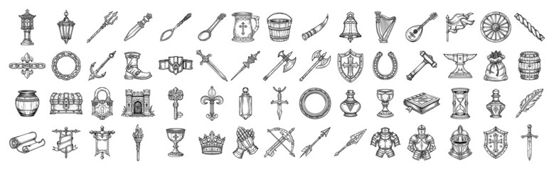 Medieval fantasy RPG icons set, hand drawn vintage engraving style elements with weapons, armor, castle items, tools and accessories for game design © Luka