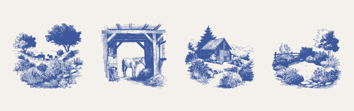 Rural horses stable cabin countryside landscape elegant set. Scenes include animals, shelter and natural terrain details. Illustrations for textile and decor, crayon drawn sketch vector style.