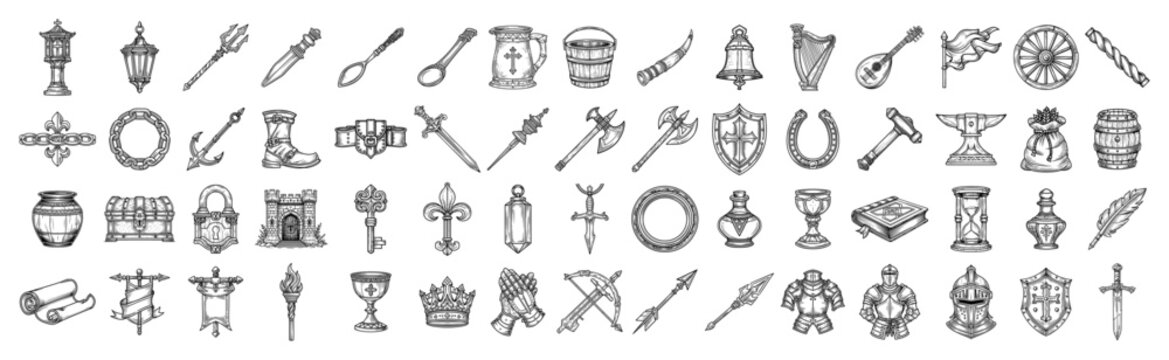 Medieval fantasy RPG icons set, hand drawn vintage engraving style elements with weapons, armor, castle items, tools and accessories for game design