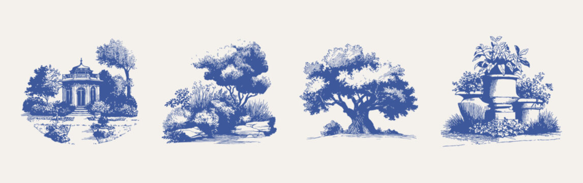 Garden pavilion fountain tree park landscape elegant set. Collection includes architecture, plants and large tree compositions. Illustrations for wallpaper and invitation, hand drawn pencil style.
