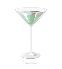 Obraz premium Vector illustration of a grasshopper cocktail in a martini glass with chocolate rim, made for bar menus and dessert drink graphics.