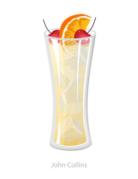 Vector illustration of a John Collins cocktail in a tall glass with ice, cherries, orange slice, and bubbles for bar menu and drink design.