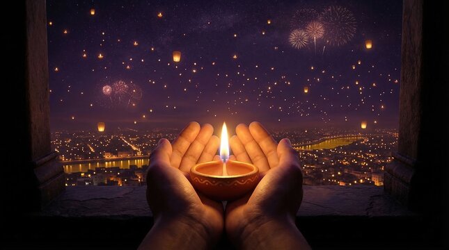 Hands Cupping Glowing Diya Above City Skyline Fireworks