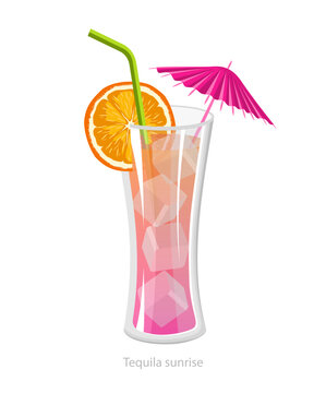 Vector illustration of a tequila sunrise cocktail in a tall glass with ice, orange slice, straw, and paper umbrella for bar menu and drink design.