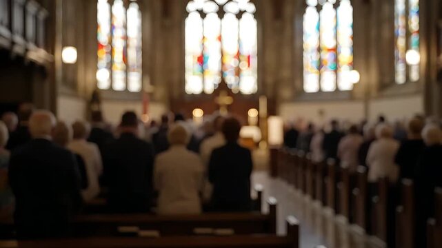 People attending a religious service inside a church with beautiful stained glass windows.