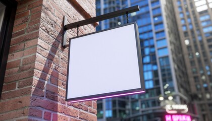Obraz premium Blank square hanging signboard mockup on brick wall, realistic outdoor signage with black metal frame, urban street background ideal for branding and logo display.
