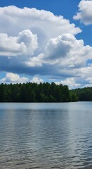 Obraz premium Calm lake reflects cloudy blue sky over dense green forest