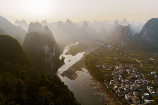 Yangshuo city surrounded by iconic Chinese mountains of Guilin