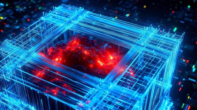 Blue wireframe cube with glowing red core emphasizing precision, focus, and dedication