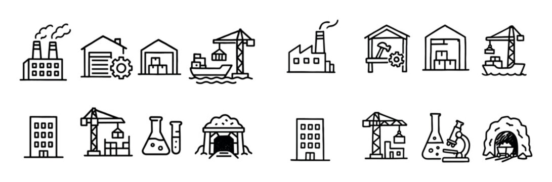 Industrial icons with crane factory flask outline