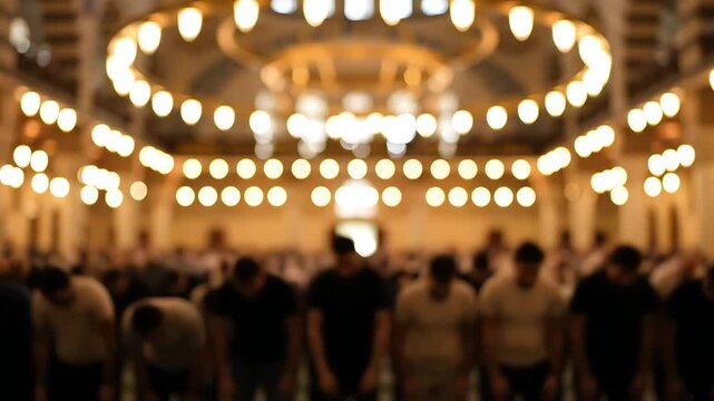 Blurred image of Muslim men bowing in prayer inside a beautifully lit mosque with glowing chandeliers.