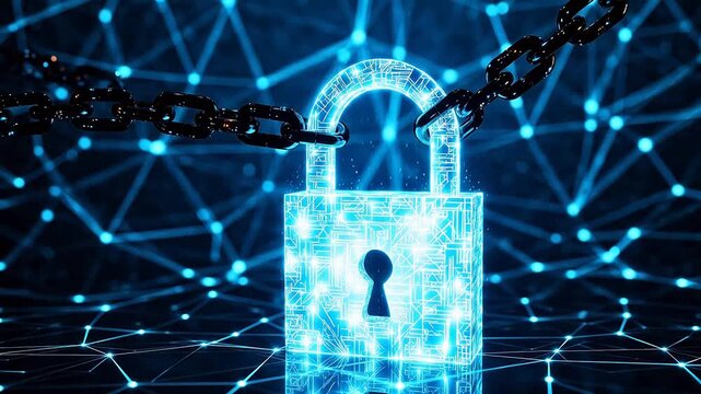 Digital padlock with chain on network background symbolizing global connectivity and communication