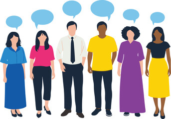Fototapeta premium Diverse people group with speech bubbles, multicultural communication concept, flat character vector illustration representing teamwork, conversation, social interaction, and inclusion