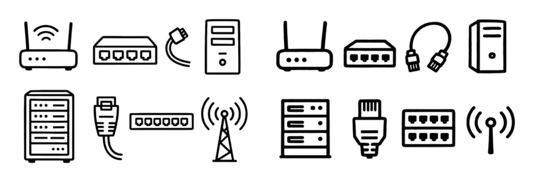 Network icons with router cable server outline