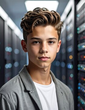 A young man with stylish hair and a friendly gaze poses in front of server racks in a data center