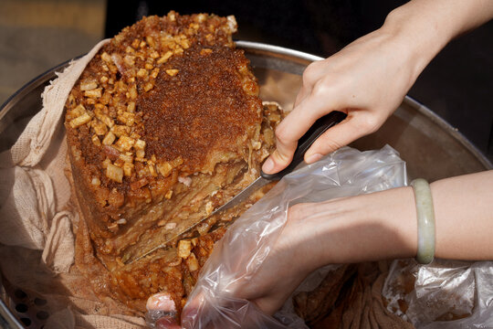 Close-up of freshly made brown sugar steamed cake