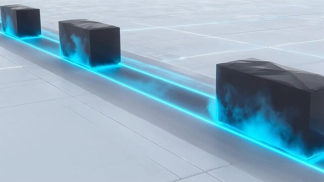 Geometric blocks with glowing blue lines symbolizing freedom, adventure, and exploration