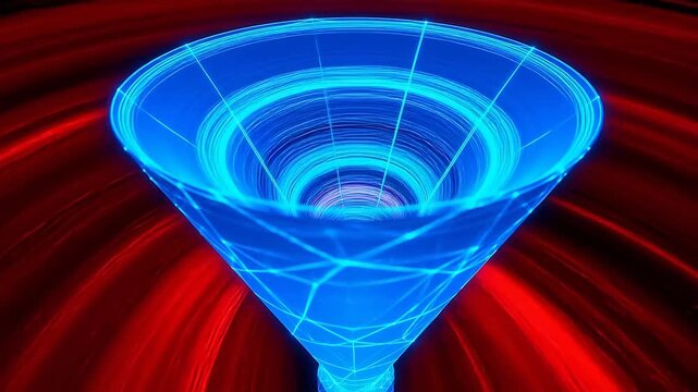 Blue neon funnel on red background for high-end commercial advertising