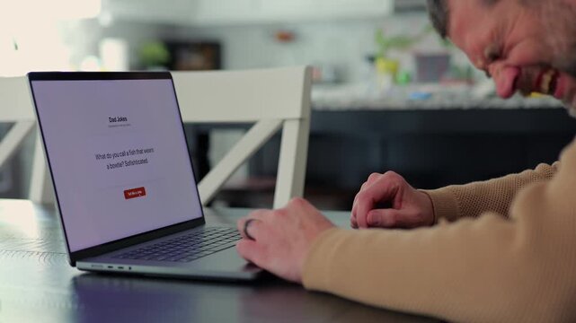 Middle Aged Man Testing Classic Dad Joke Generator Web Application - Dad Jokes On Demand Comic Relief Concept