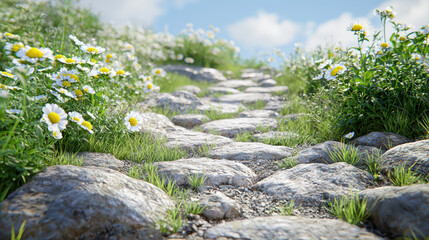 Obraz premium Serene cobblestone pathway winds gently upward through vibrant wildflowers under a bright blue sky with soft white clouds on a beautiful sunny day outdoors.