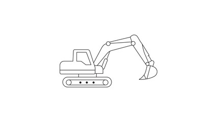Minimalist black line vector icon illustration of a heavy construction excavator in side profile, featuring a hydraulic arm and digging bucket, ideal for industrial, building, and site design. © Imran