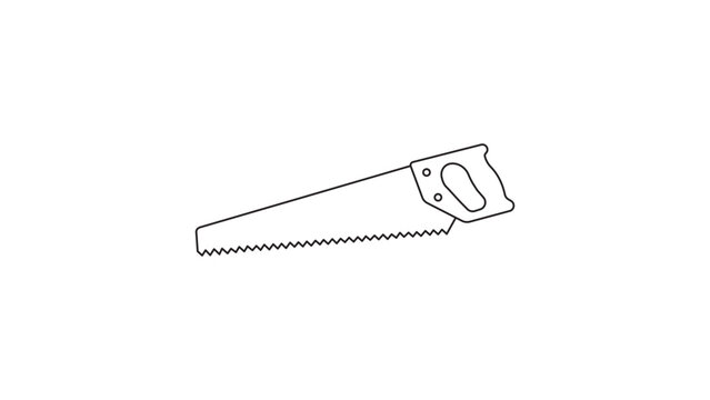 Minimalist black line vector icon of a traditional handsaw isolated on a white background. This scalable illustration is perfect for woodworking, carpentry, DIY projects, and construction tools.