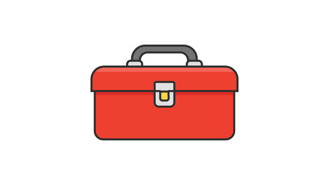 Red metal toolbox vector icon illustration, modern flat design of a rectangular tool box with handle and latch for repair, maintenance, construction, and DIY projects on a white background.