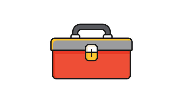 Modern flat vector icon illustration of a red metal toolbox with a grey lid and black handle, isolated on a white background. Ideal for construction, DIY, repair, and maintenance project designs.