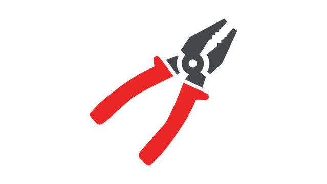 Modern flat vector icon illustration of a pair of gripping pliers with red handles and dark grey metal jaws, isolated on a white background for hardware, DIY, repair, and construction projects.