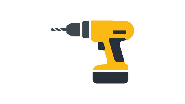 Modern flat vector icon of a yellow and black cordless electric power drill with a drill bit, isolated on a white background. Ideal for DIY, construction, repair, and home improvement projects.