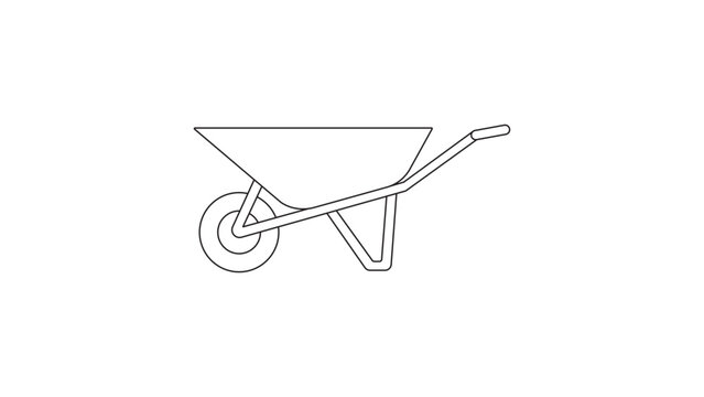 Minimalist black line vector icon illustration of a wheelbarrow from a side view, isolated on a white background. Ideal for gardening, construction, landscaping, DIY, and manual labor tool designs.