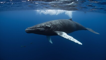 Obraz premium Huge whale glides through deep blue water. Its white flippers contrast against dark body. Bubbles rise near the surface above. Whale moves calmly, undisturbed by surroundings