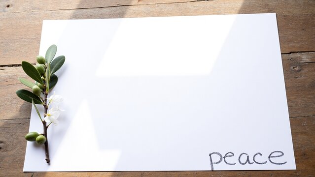 White flower branch rests on blank paper. Handwritten word "peace" appears softly on right. Sunlight casts gentle shadows across the surface. Wooden background adds warm, natural texture