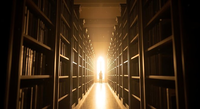 Silhouette standing inside illuminated library corridor, wooden shelves filled with.