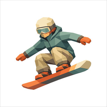 Low Poly Snowboarder Jumping High in Mid-Air Action
