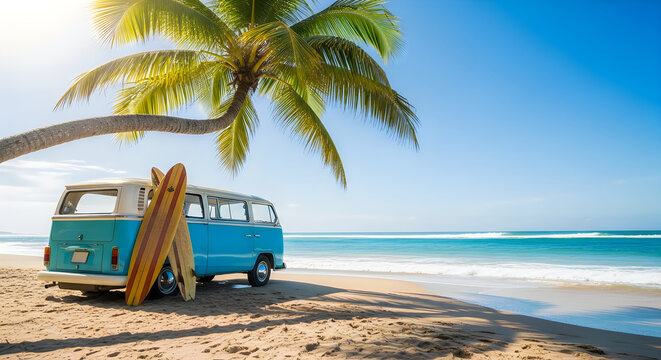 A vintage blue van parked on a sandy beach with a surfboard nearby
