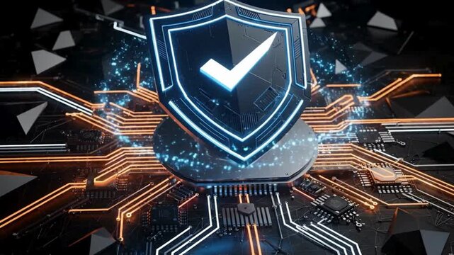 Cyber security shield animation video with checkmark verification, digital protection system, data encryption technology, secure network infrastructure, privacy defense concept