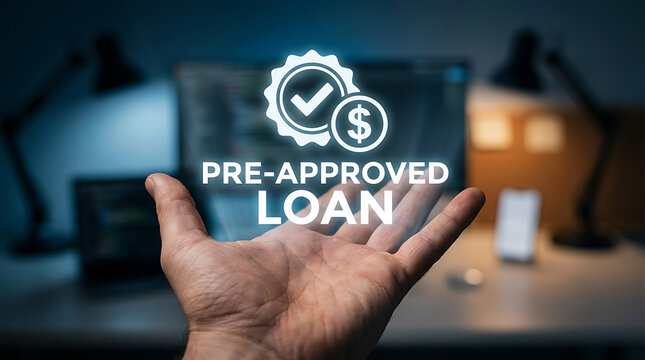 Hand holding holographic pre approved loan with glowing checkmark and dollar sign in dark office