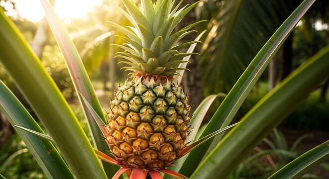 Ripe pineapple fruit growing on plant with green leaves in tropical garden with sunlight