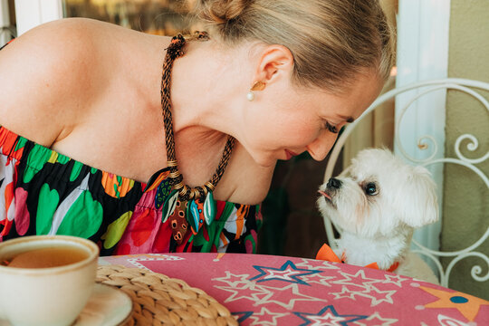 Tender moment between woman and small dog at table
