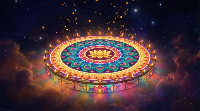Floating Rangoli Mandala With Diyas Diwali Skyline Stars