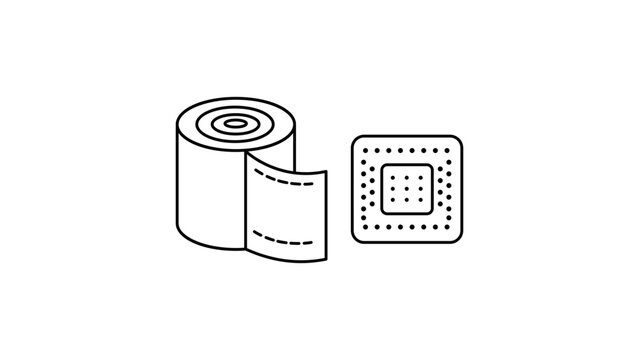 Minimalist black line vector icon illustration of a medical bandage roll and adhesive plaster patch on a white background, perfect for first aid, healthcare, injury treatment, and wound care.